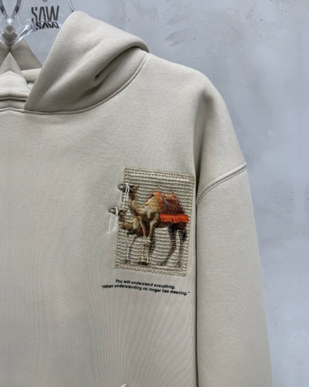 Camel Woven Grid Art Oversized Hoodie in Beige - detail