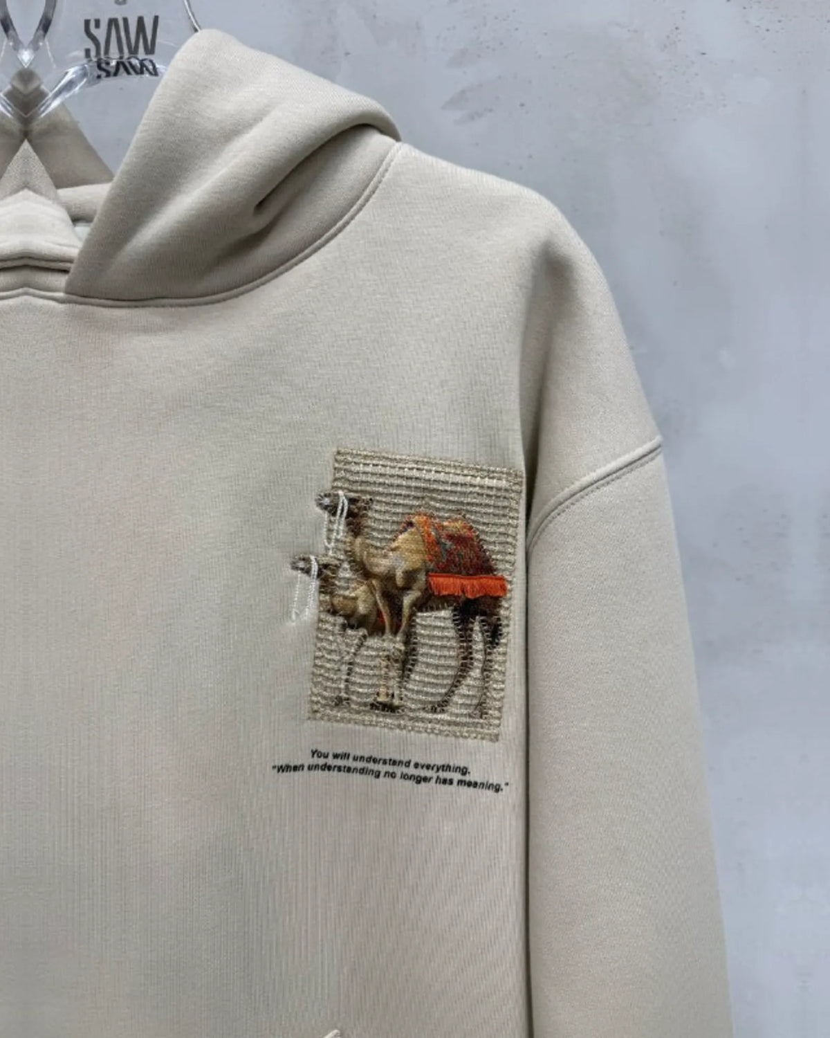 Camel Woven Grid Art Oversized Hoodie in Beige - detail
