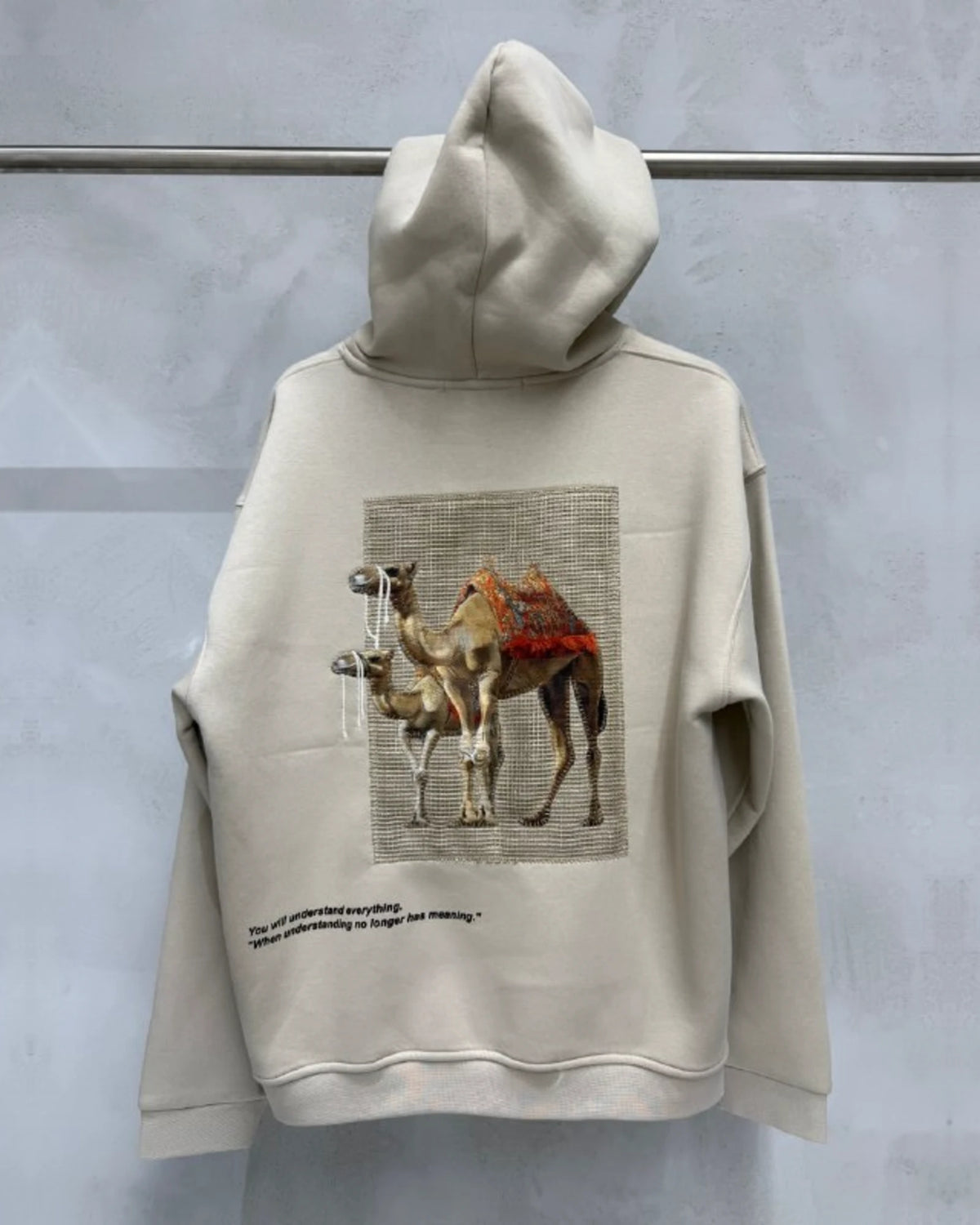 Camel Woven Grid Art Oversized Hoodie in Beige - back view