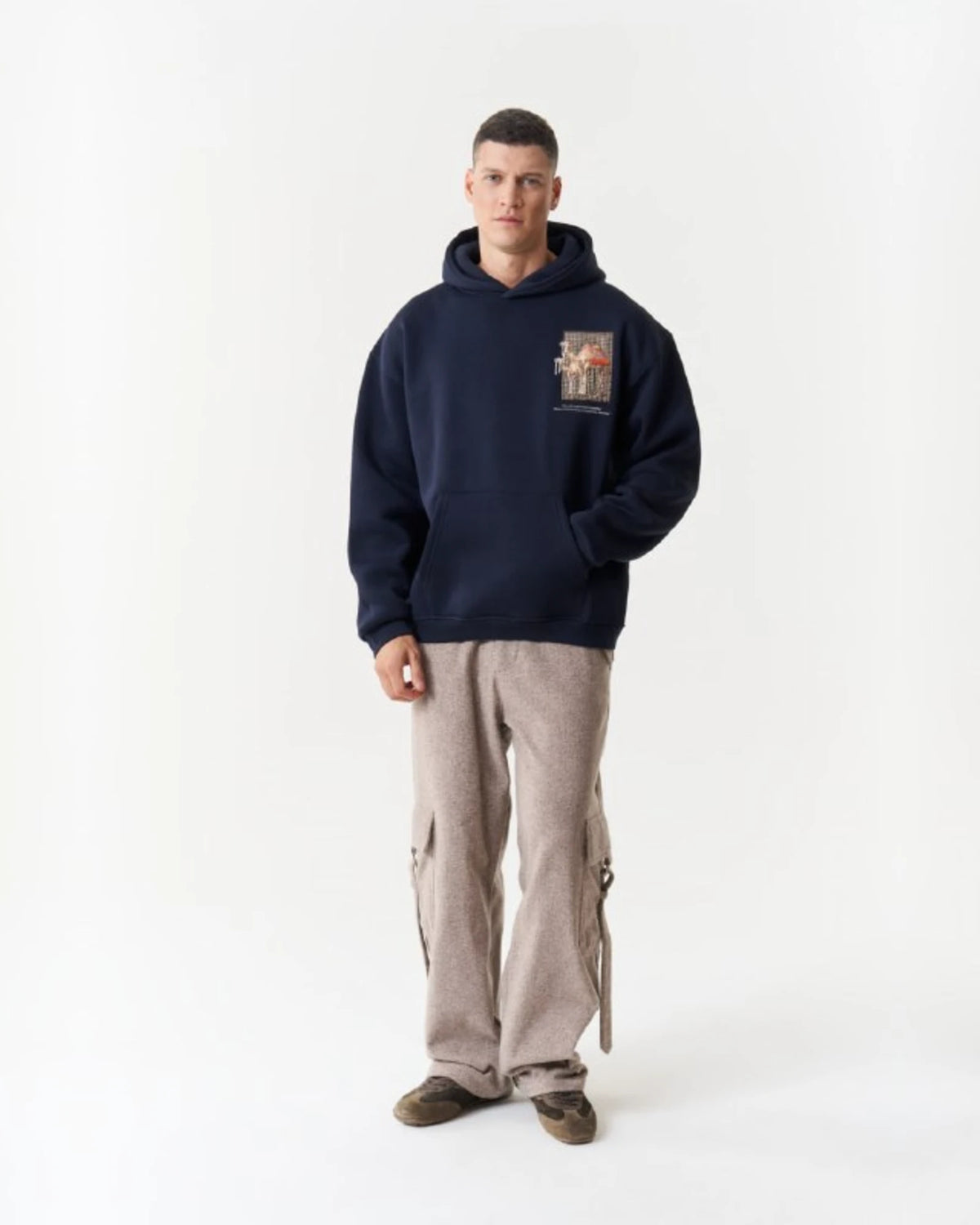 Camel Woven Grid Art Oversized Hoodie in Navy - front view
