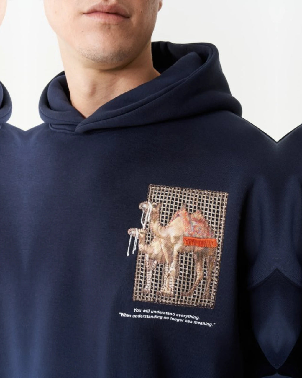 Camel Woven Grid Art Oversized Hoodie in Navy - detail