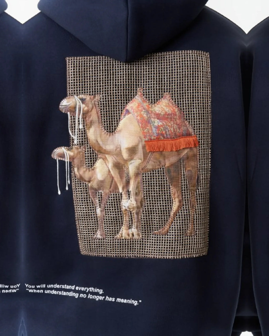 Camel Woven Grid Art Oversized Hoodie in Navy - back view