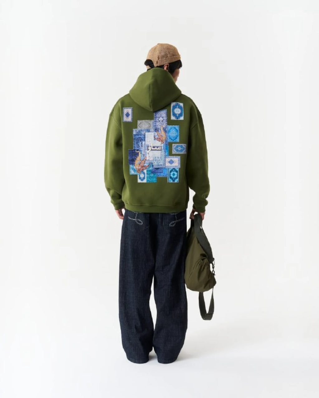 Blue Rug Patchwork Arabic Script Oversized Hoodie in Green - back view