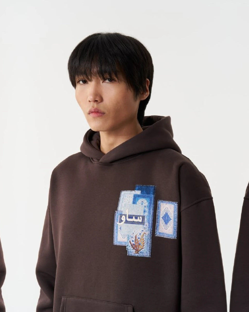 Blue Rug Patchwork Arabic Script Oversized Hoodie in Brown - detail
