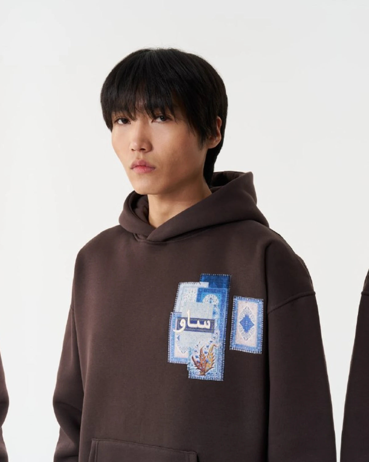 Blue Rug Patchwork Arabic Script Oversized Hoodie in Brown - detail