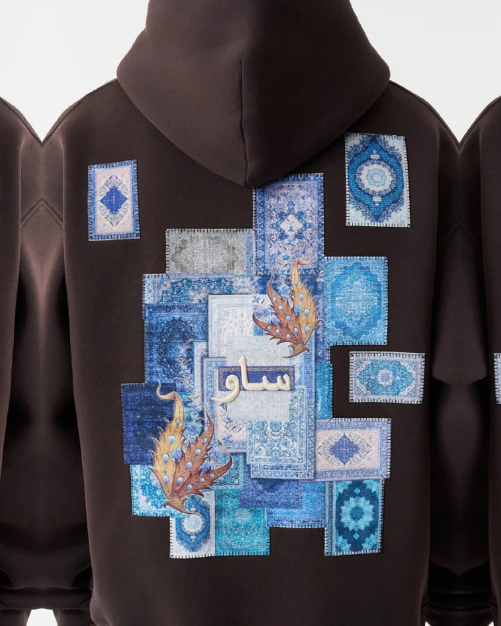 Blue Rug Patchwork Arabic Script Oversized Hoodie in Brown - back view