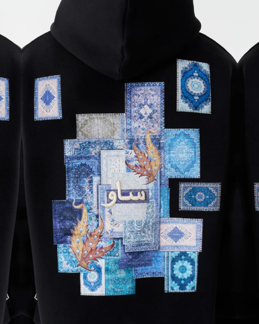 Blue Rug Patchwork Arabic Script Oversized Hoodie in Black - back view