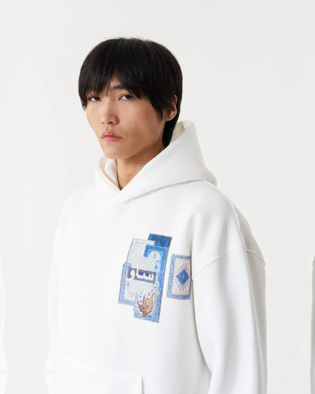 Blue Rug Patchwork Arabic Script Oversized Hoodie in White - detail