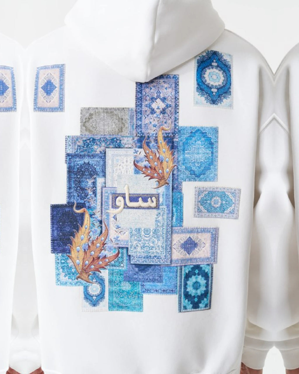 Blue Rug Patchwork Arabic Script Oversized Hoodie in White - back view