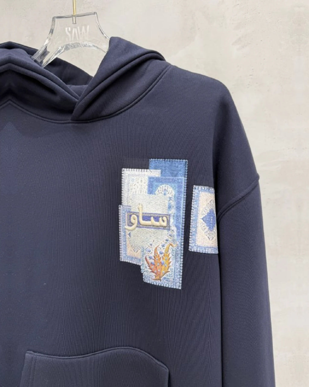 Blue Rug Patchwork Arabic Script Oversized Hoodie in Navy - detail