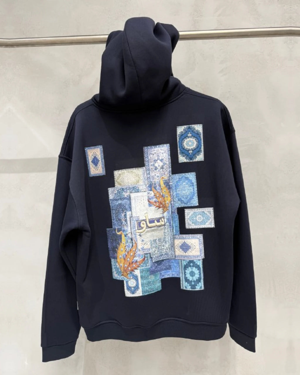 Blue Rug Patchwork Arabic Script Oversized Hoodie in Navy - back view