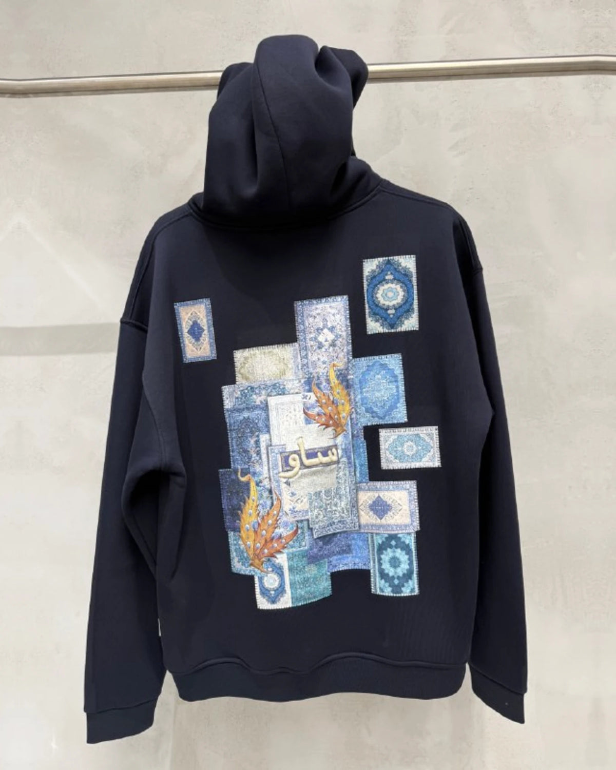 Blue Rug Patchwork Arabic Script Oversized Hoodie in Navy - back view