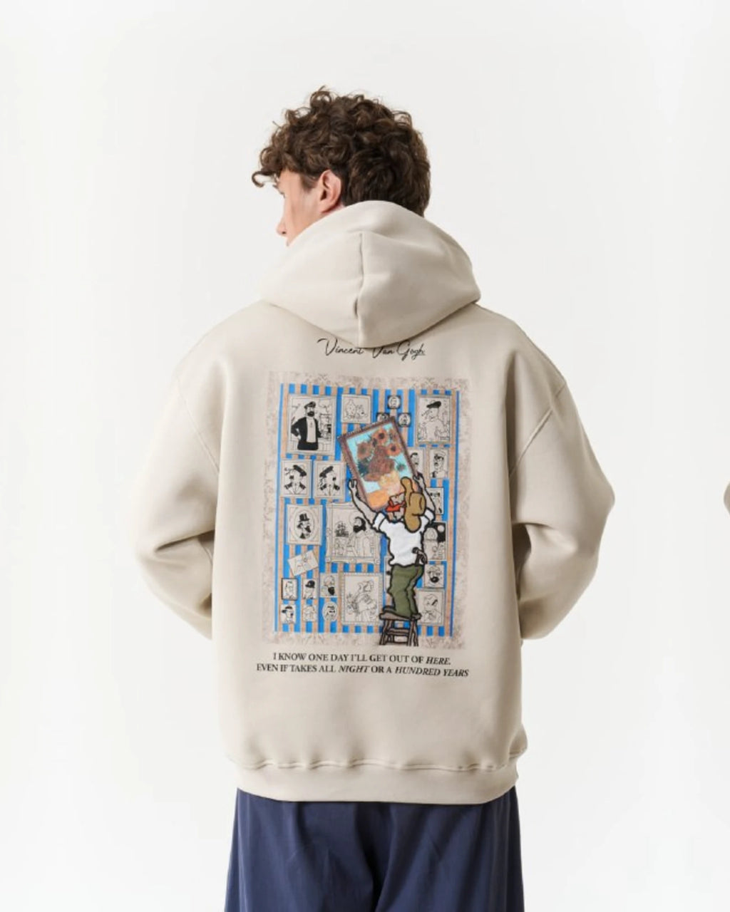 Van Gogh Painter Collage Oversized Hoodie in Beige - back view
