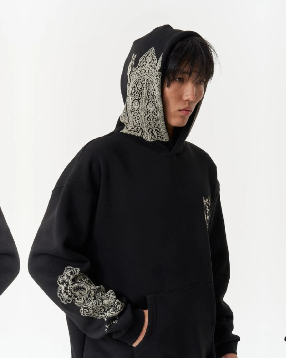 Threads of Majesty Ornamental Oversized Hoodie in Black - detail