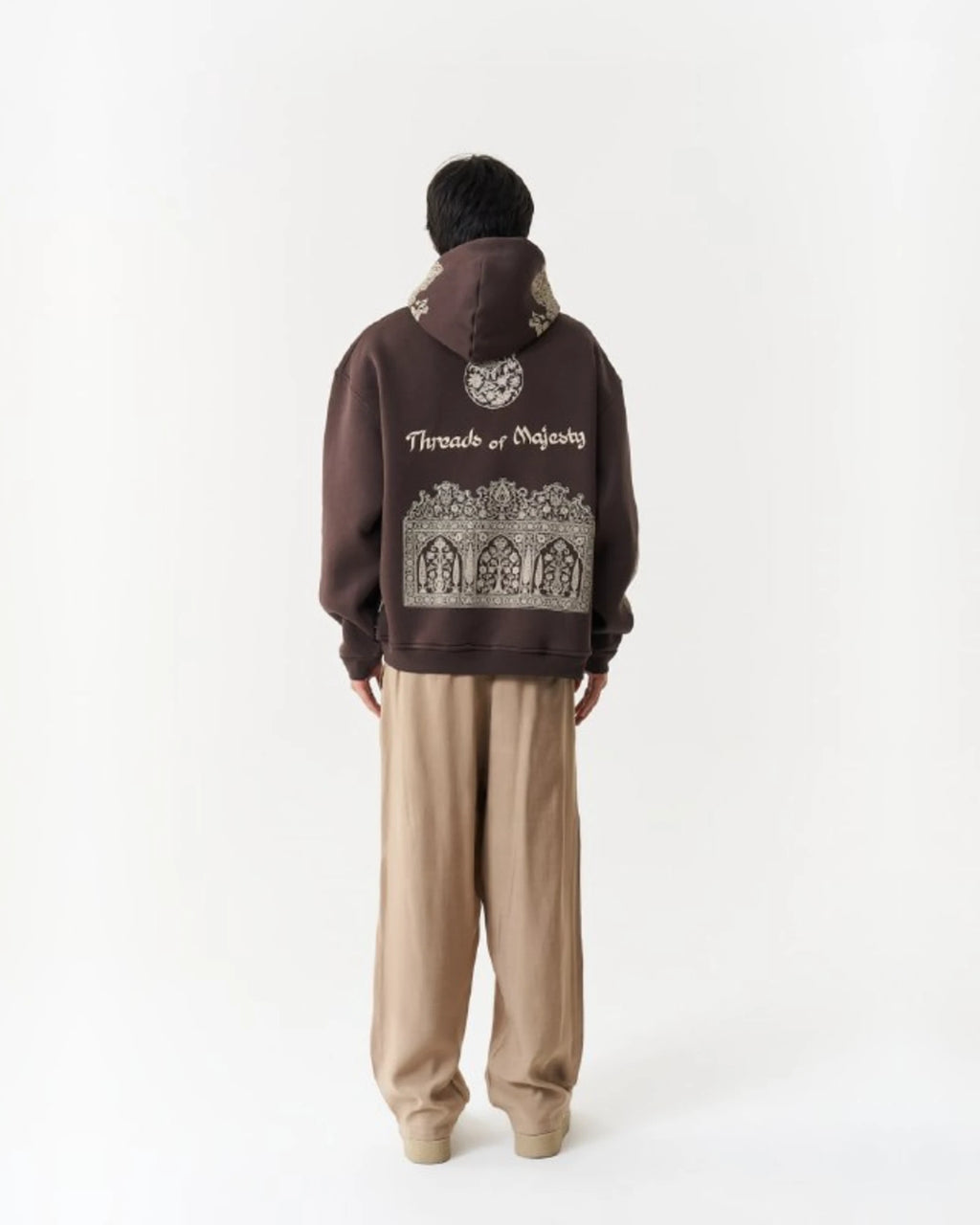 Threads of Majesty Ornamental Oversized Hoodie in Brown - back view