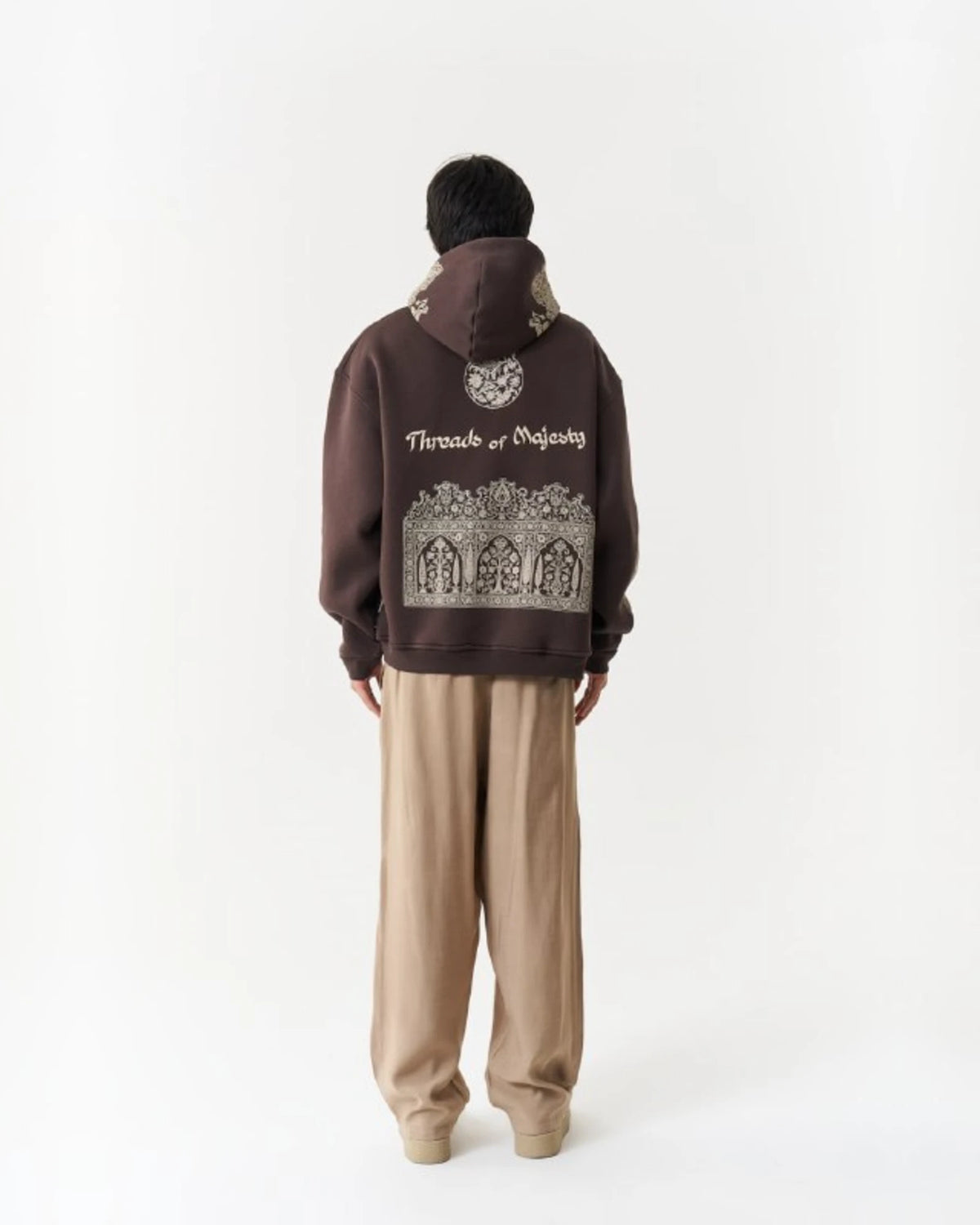 Threads of Majesty Ornamental Oversized Hoodie in Brown - back view