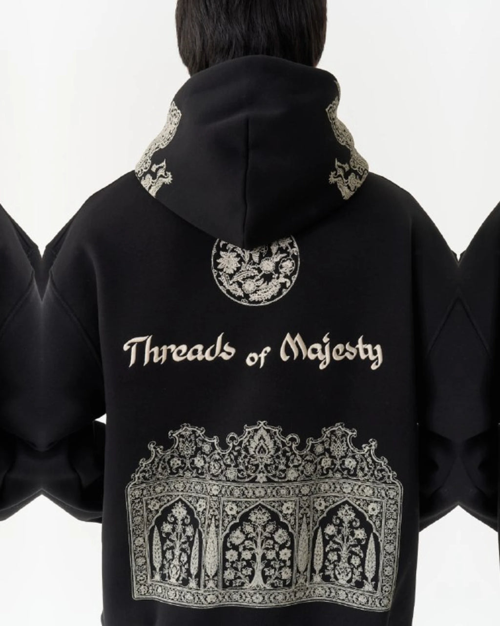Threads of Majesty Ornamental Oversized Hoodie in Black - back view