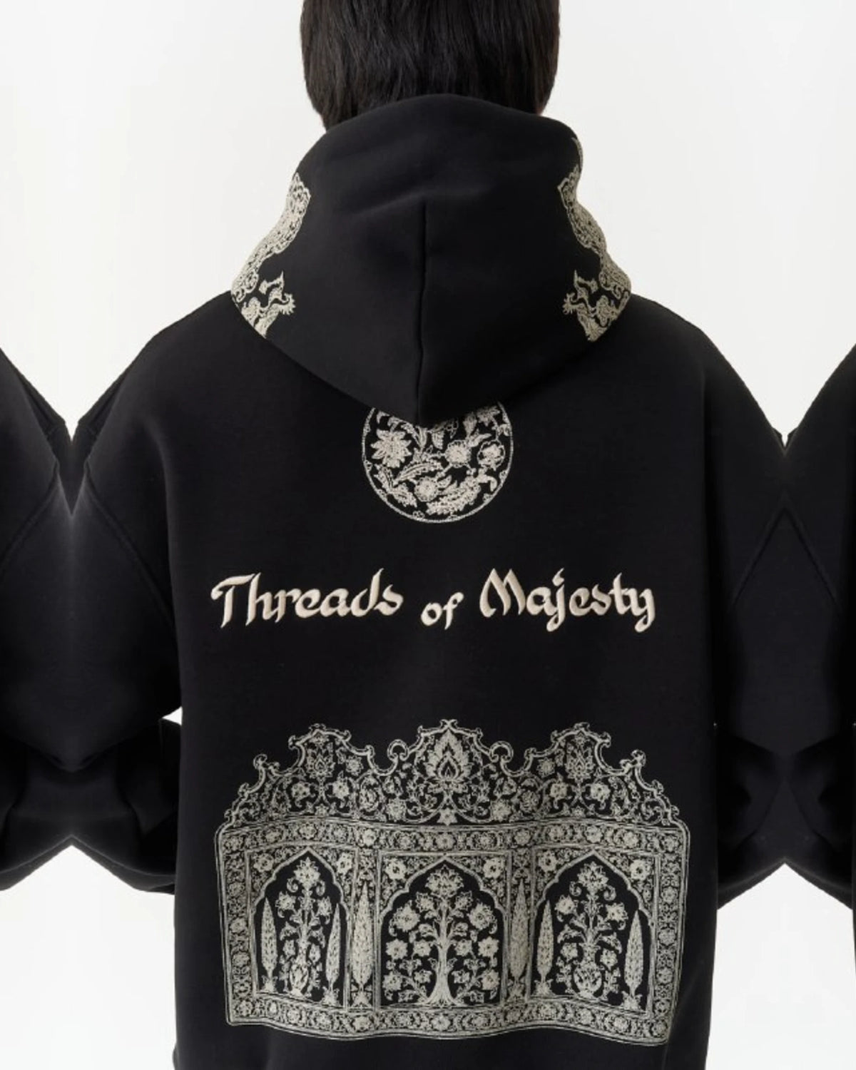 Threads of Majesty Ornamental Oversized Hoodie in Black - back view