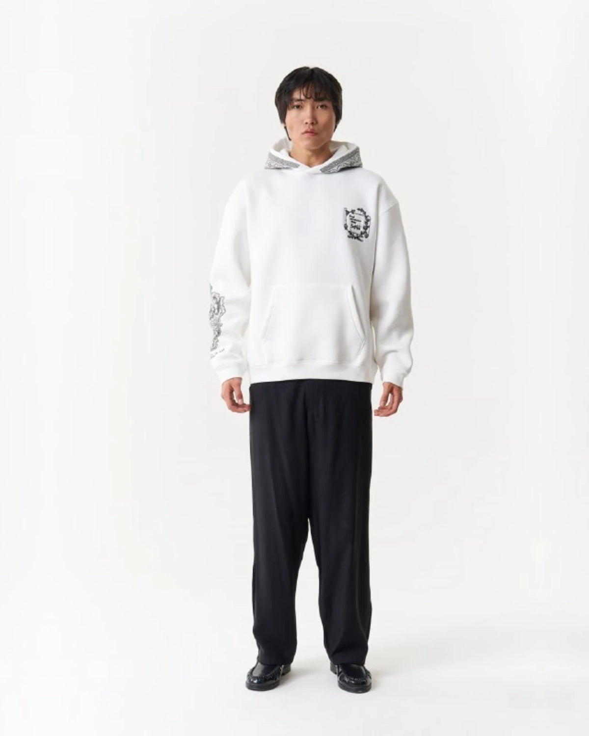 Threads of Majesty Ornamental Oversized Hoodie in White - front view