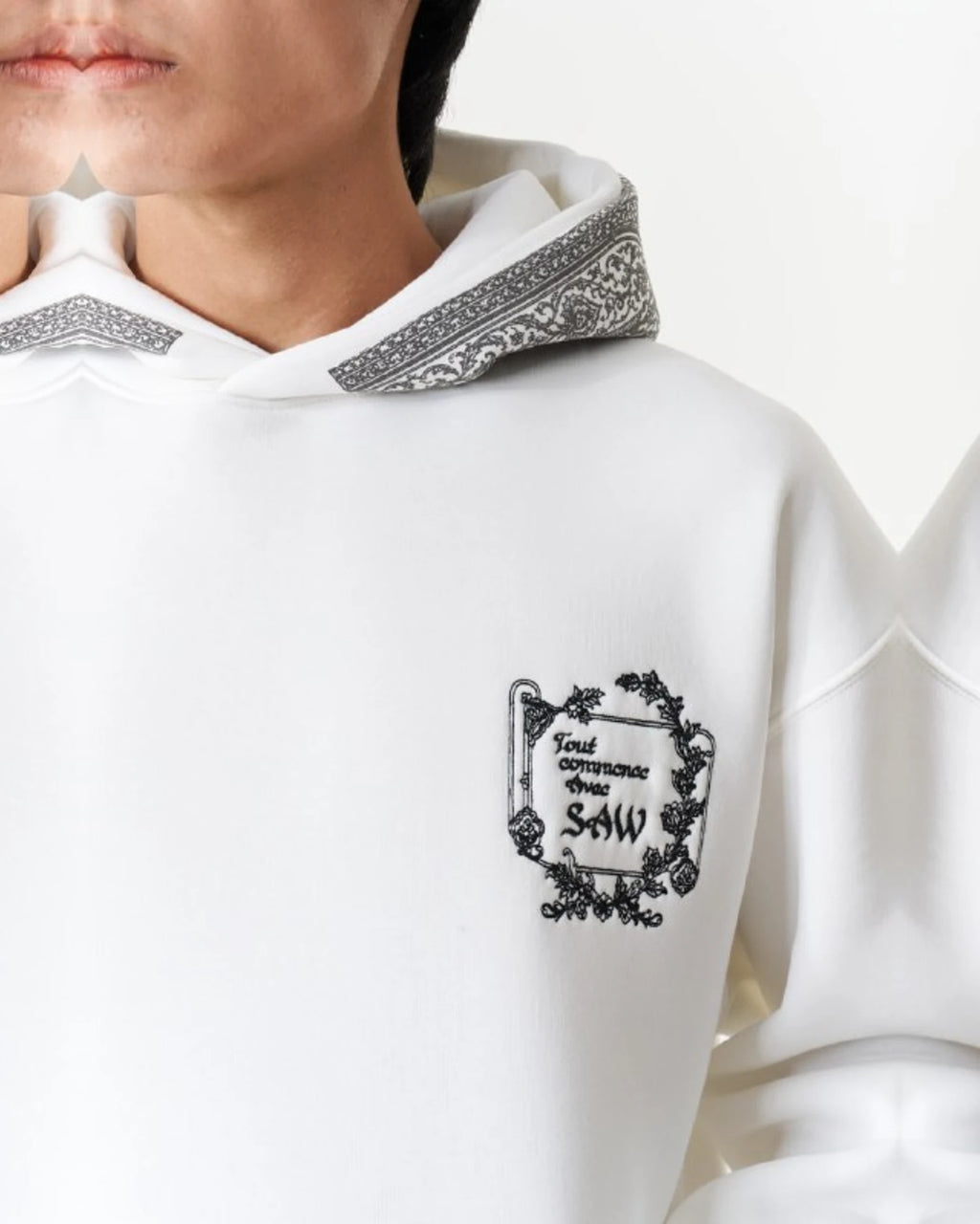 Threads of Majesty Ornamental Oversized Hoodie in White - detail