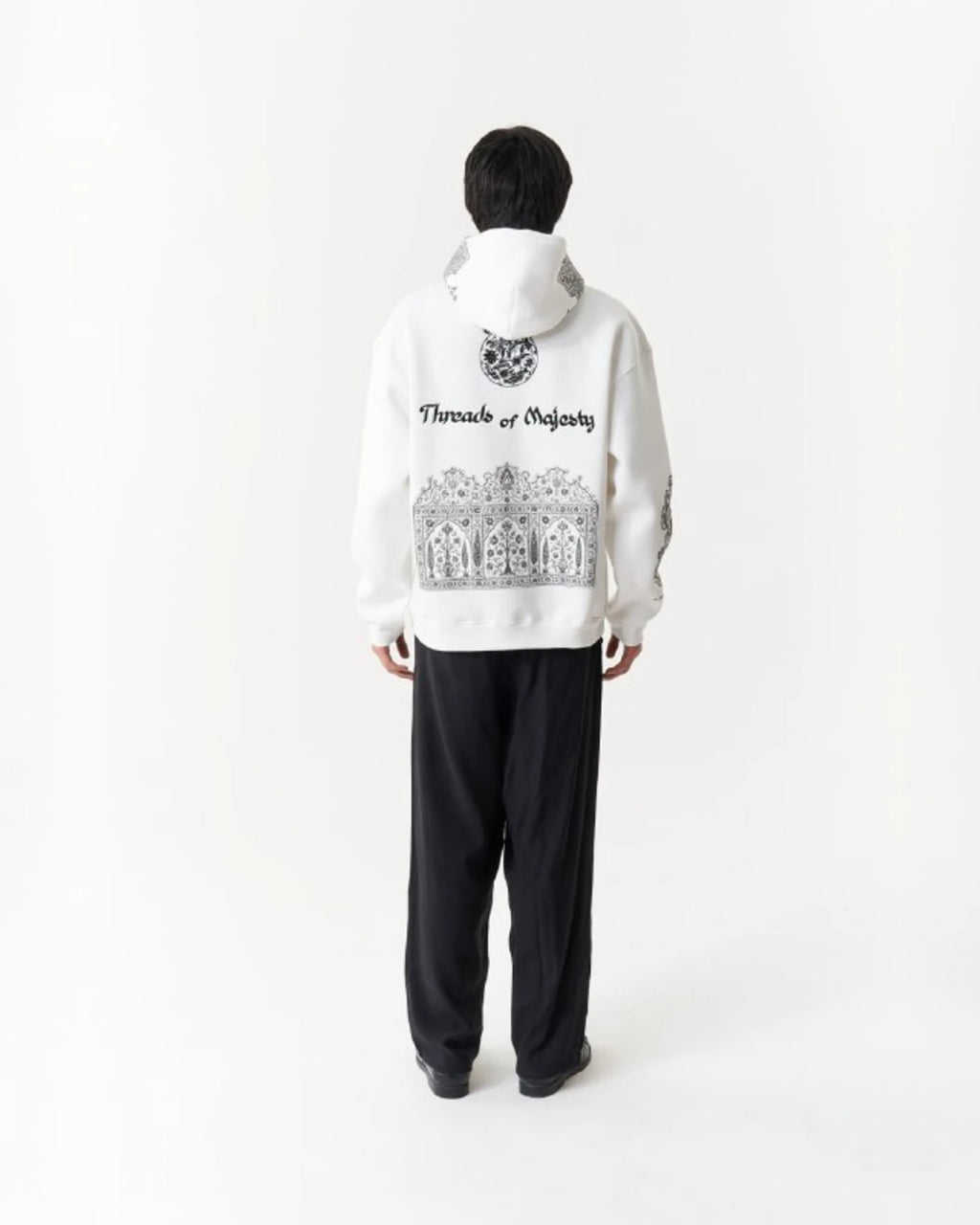 Threads of Majesty Ornamental Oversized Hoodie in White - back view