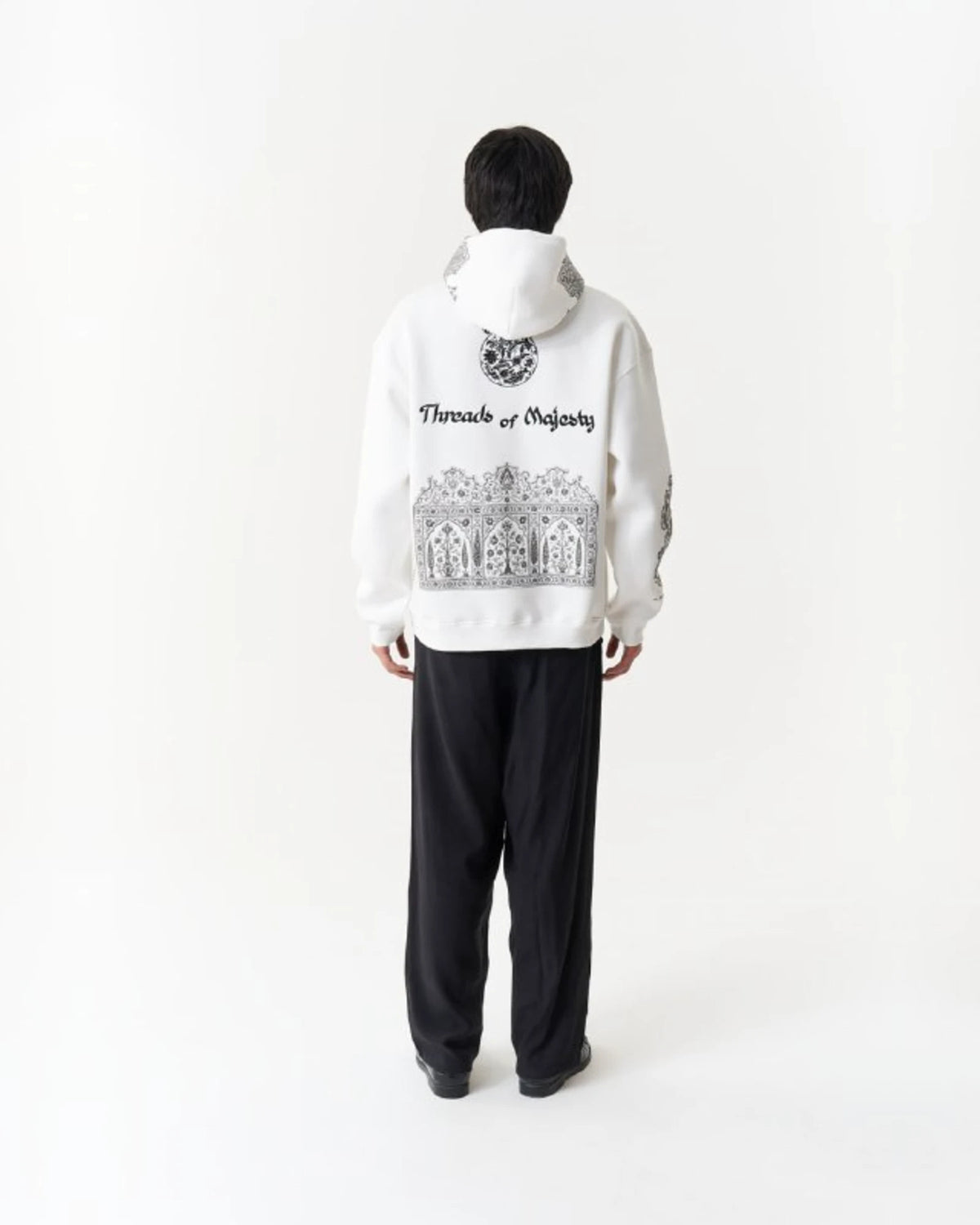 Threads of Majesty Ornamental Oversized Hoodie in White - back view