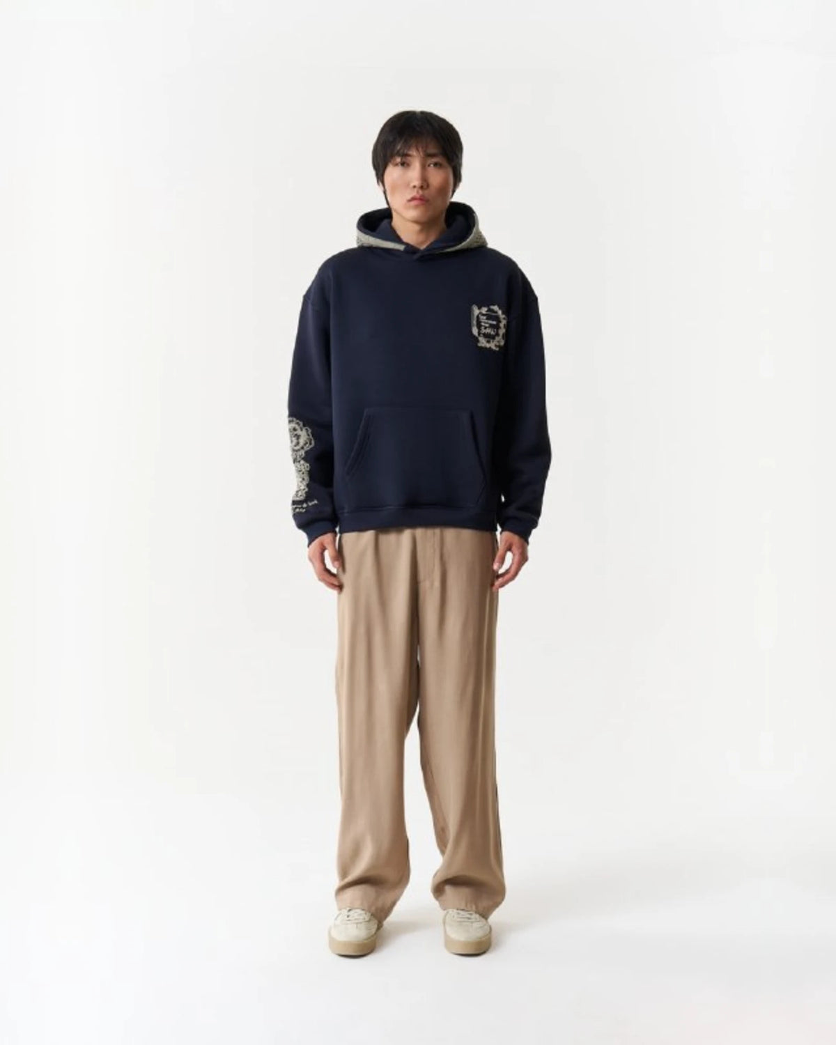 Threads of Majesty Ornamental Oversized Hoodie in Navy - front view
