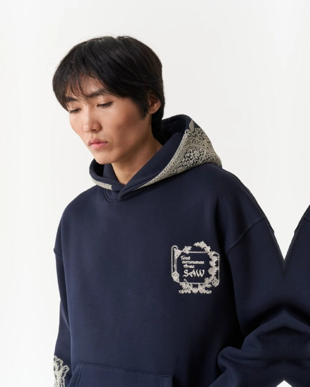 Threads of Majesty Ornamental Oversized Hoodie in Navy - detail