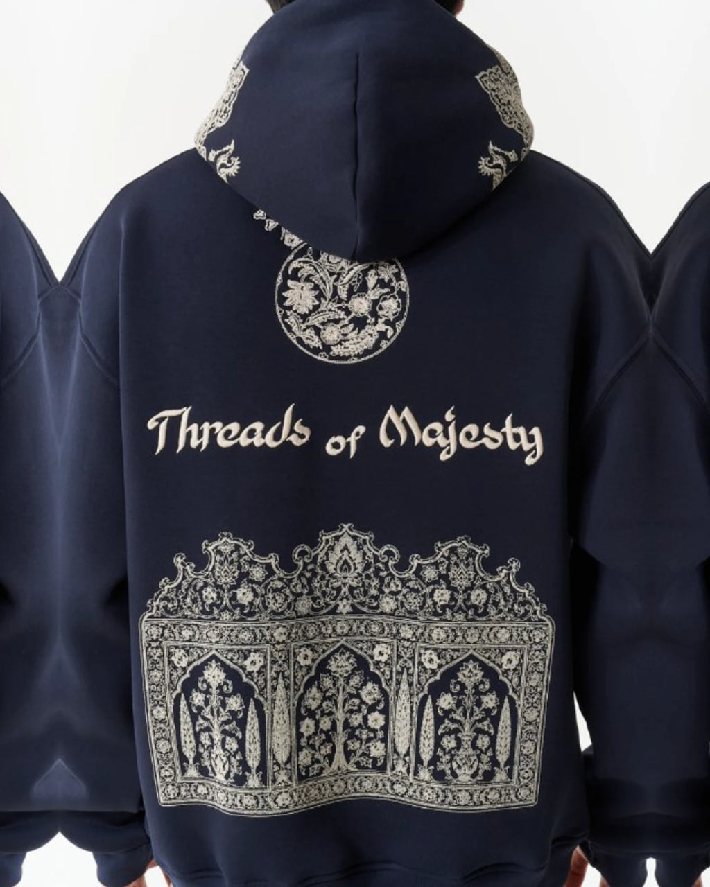 Threads of Majesty Ornamental Oversized Hoodie in Navy - back view