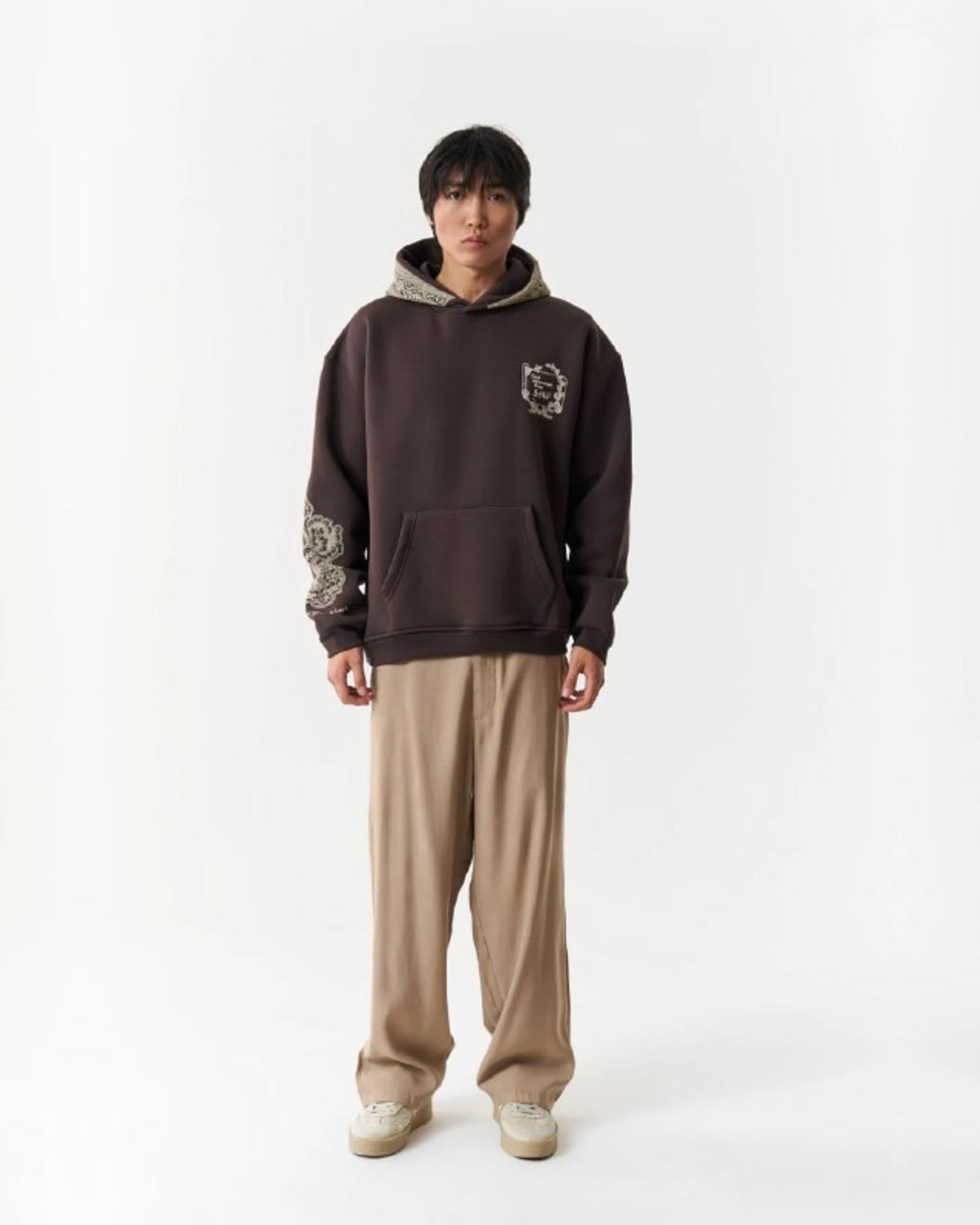 Threads of Majesty Ornamental Oversized Hoodie in Brown - front view