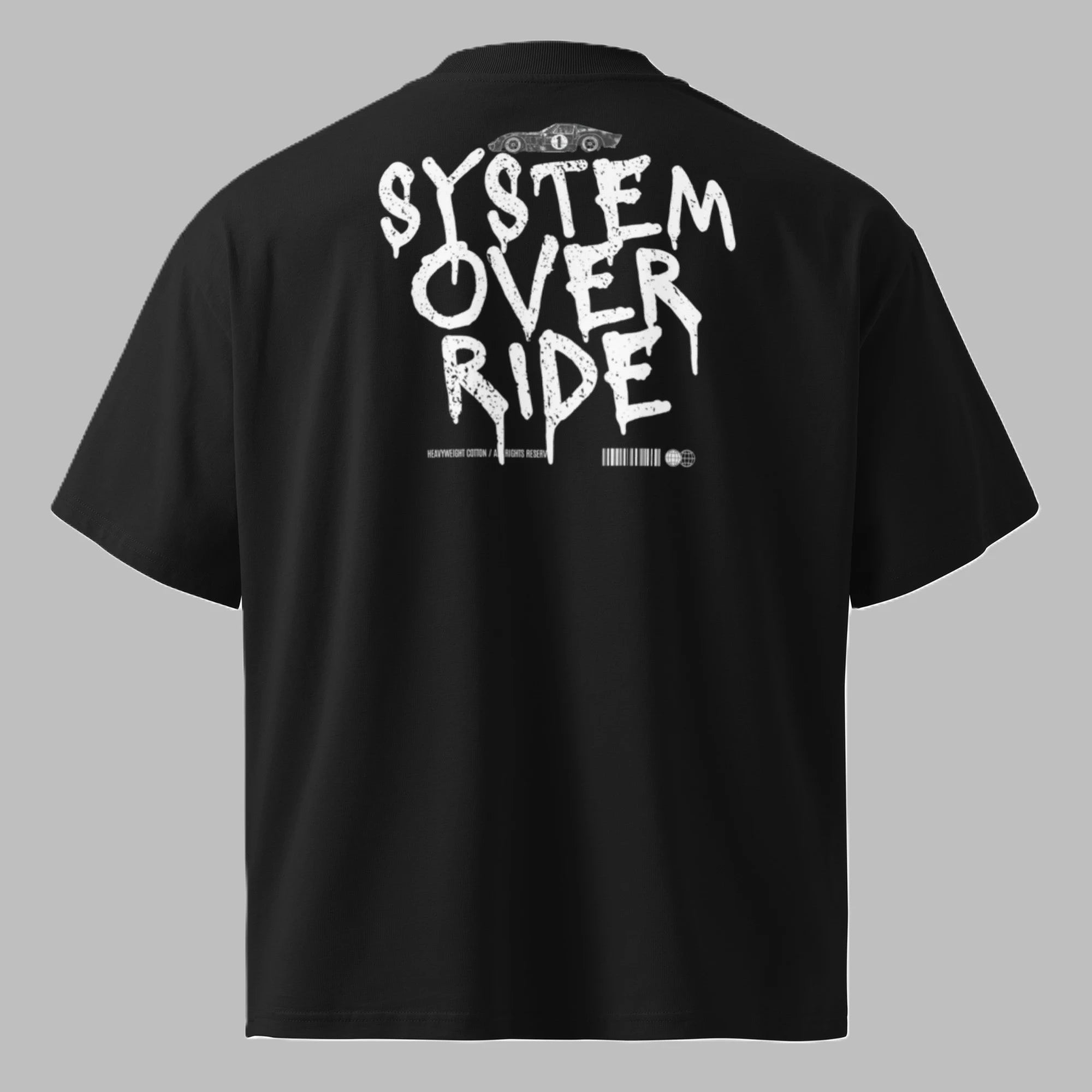 Men's black oversized organic cotton t-shirt with System Override back graphic print