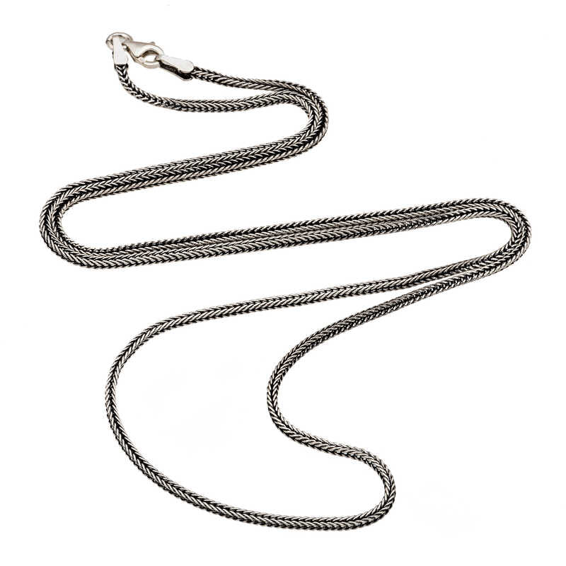 Sterling silver foxtail chain for men laid out flat showing lobster clasp