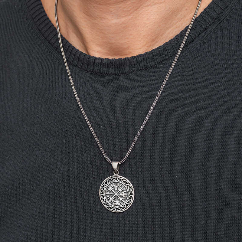 Men's silver Vegvisir necklace with 55 cm chain styled with dark t-shirt