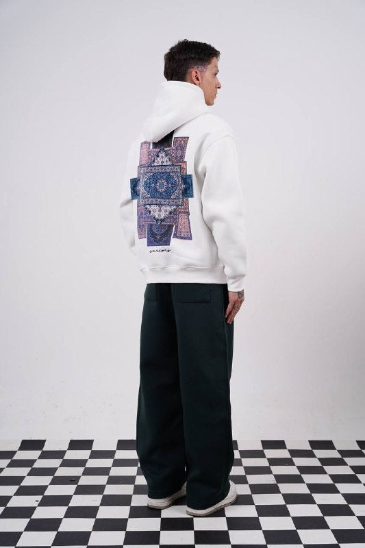 Purple Medallion Tile Art Oversized Hoodie in White - back view