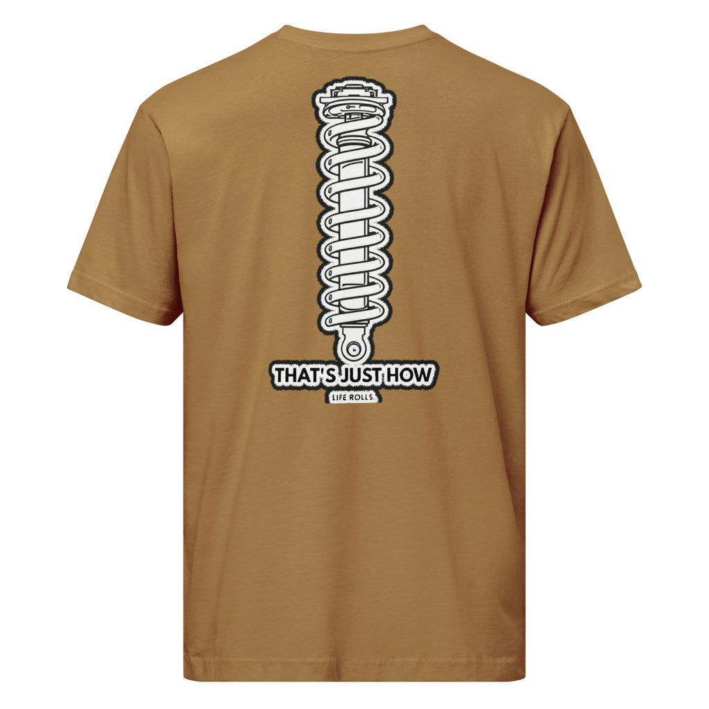 Back view of a coyote brown car enthusiast t-shirt featuring a large white coilover suspension graphic and the text That's Just How Life Rolls.