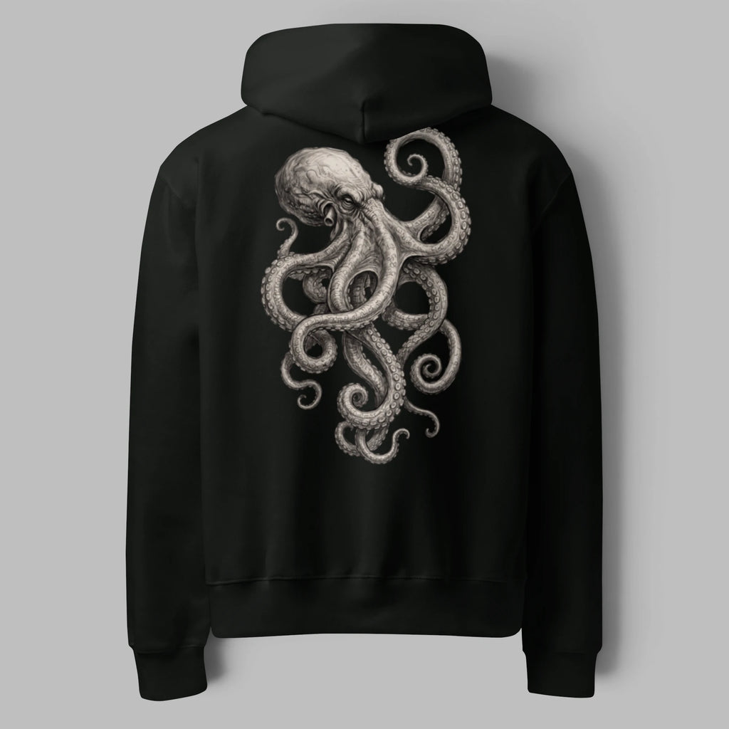 Flat lay back view of a black oversized pullover hoodie featuring an illustrated kraken octopus art print