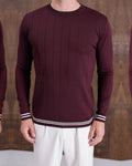 Tipped Crew Neck Fine Knit Sweater in burgundy, photo 1