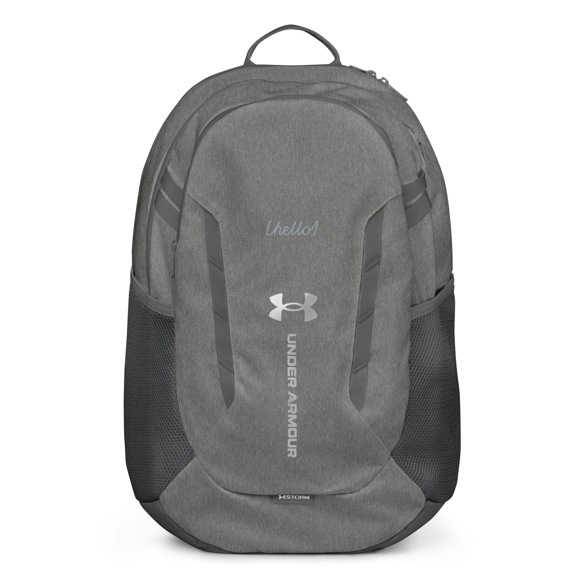 Under Armour UA Storm Commuter Backpack in Castlerock grey, front view displaying the water-resistant fabric and center logo.
