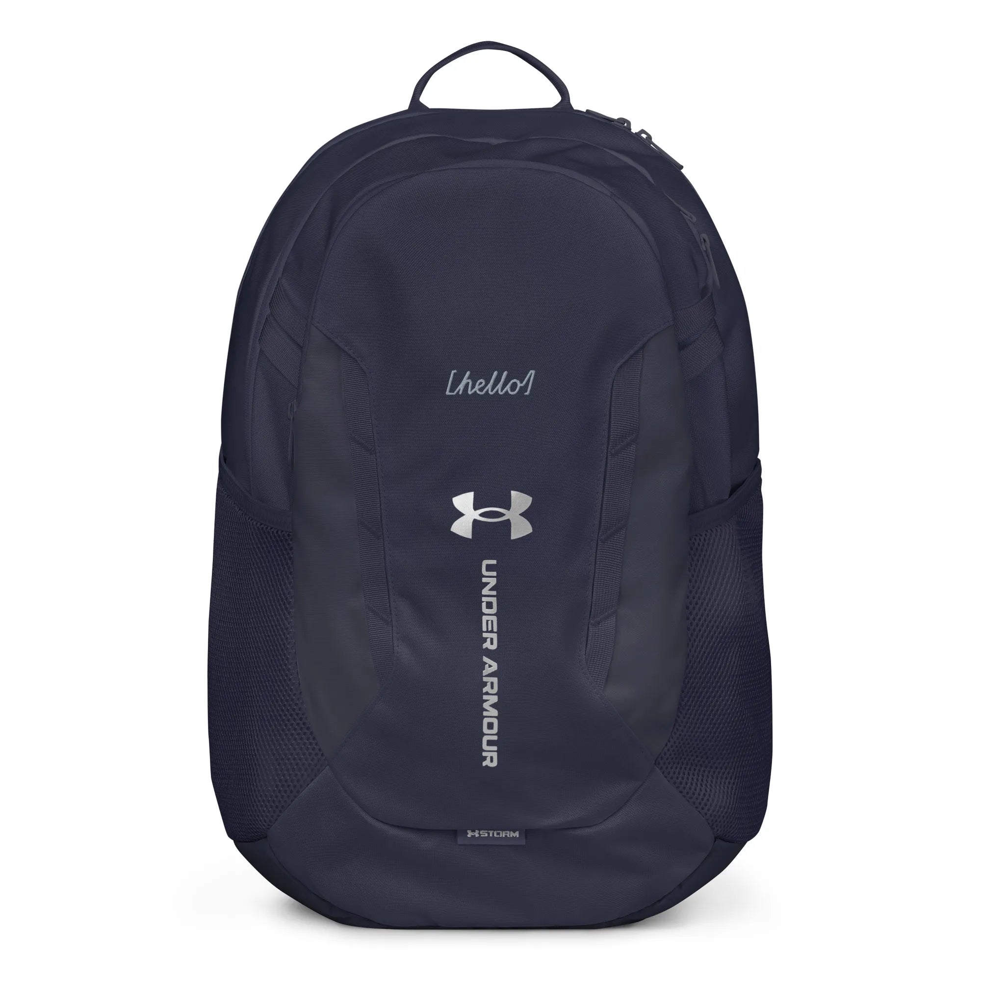 Under Armour UA Storm Commuter Backpack in Midnight Navy, front view showing the water-resistant fabric and logo.