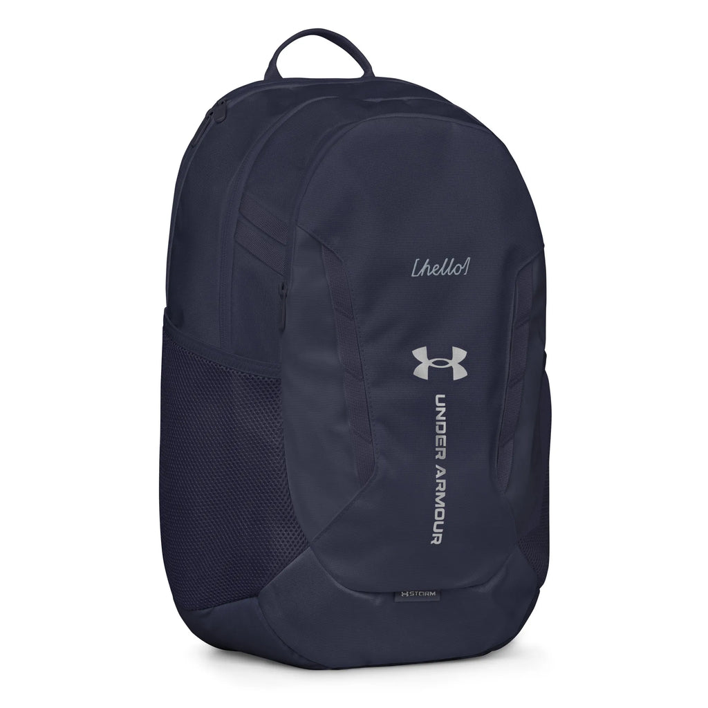 Under Armour UA Storm Commuter Backpack in Midnight Navy, right side view showing the mesh water bottle pocket and expandable storage design.