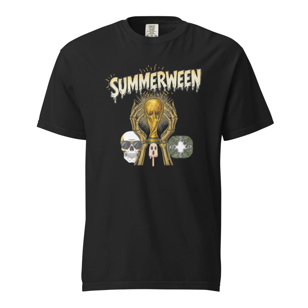Summerween Skeleton and Trophy Graphic Unisex Garment-Dyed Heavyweight T-Shirt.