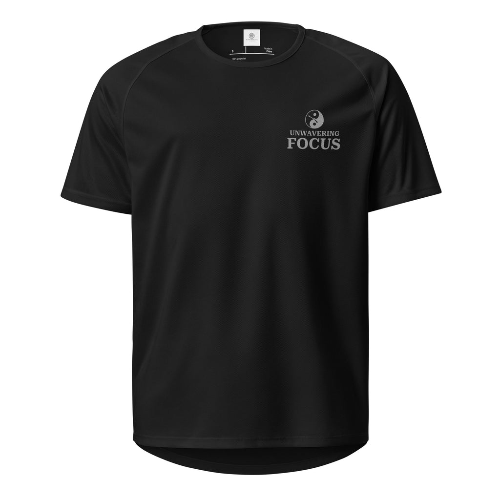 Flat lay of a black unisex sports jersey showing the unwavering focus chest logo.