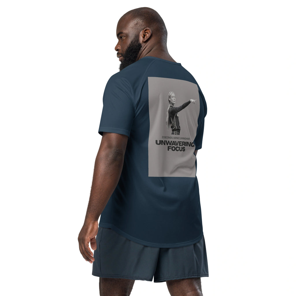 Back view of a man wearing a french navy blue sports jersey featuring the viral Sophie Cunningham unwavering focus pointing graphic.
