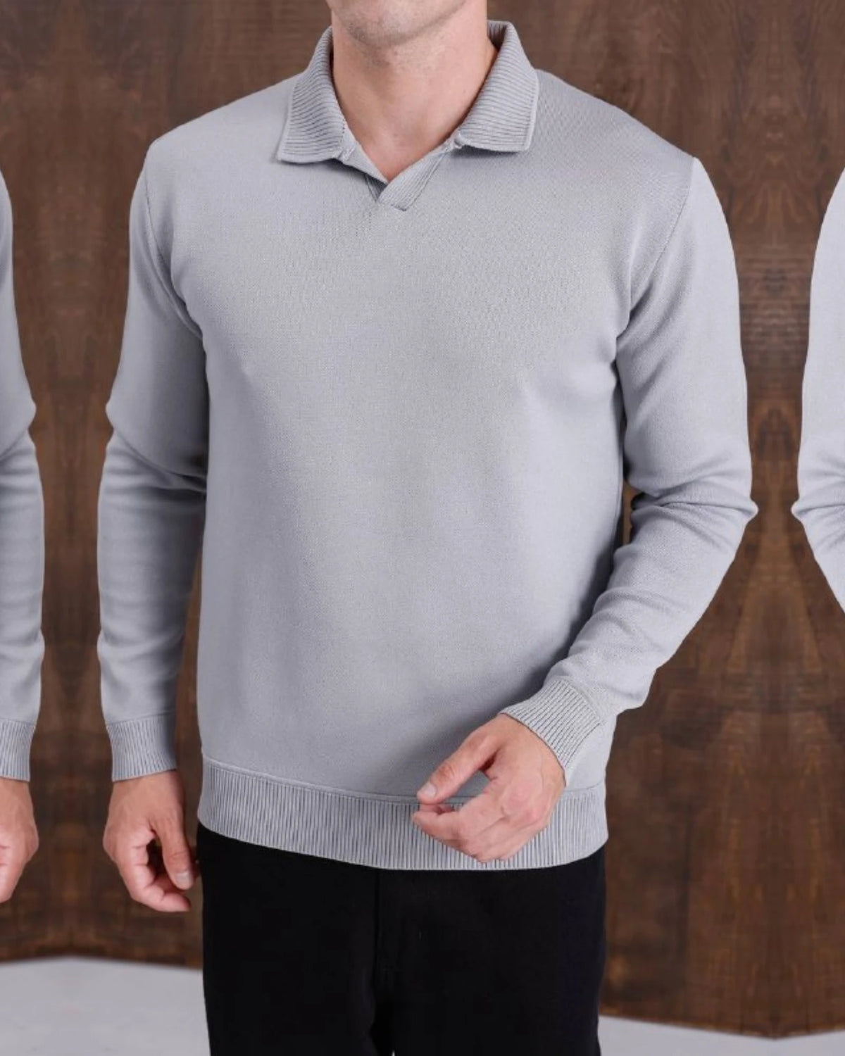 V-Placket Polo Collar Fine Knit Sweater in gray, photo 1
