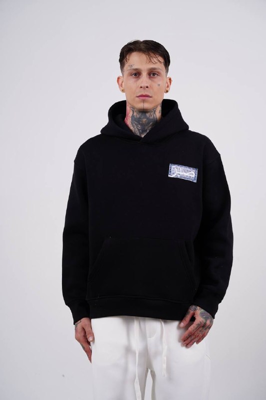 Purple Medallion Tile Art Oversized Hoodie in Black - front view