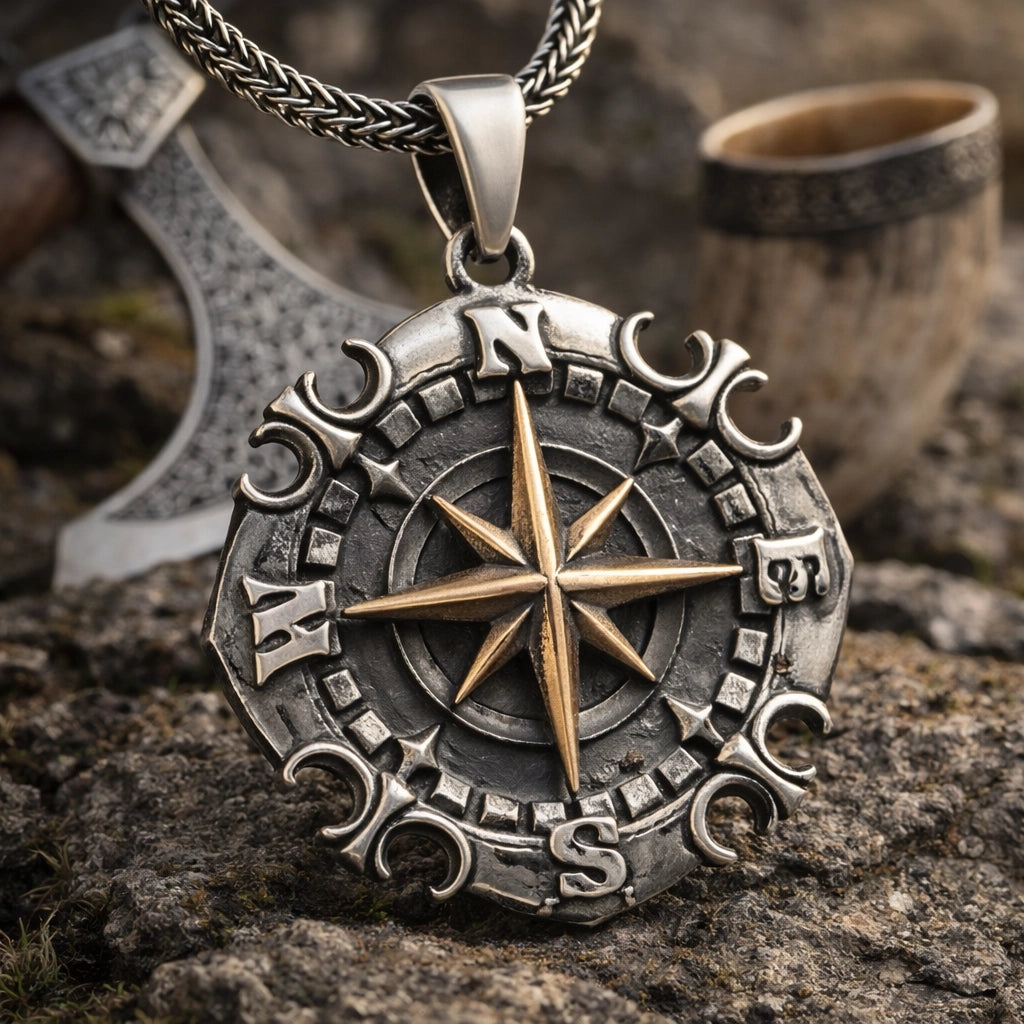 925 sterling silver compass pendant for men on stone with axe