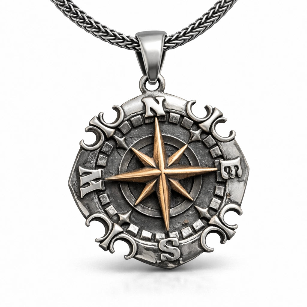 Men's oxidized sterling silver compass pendant necklace with gold-tone compass rose