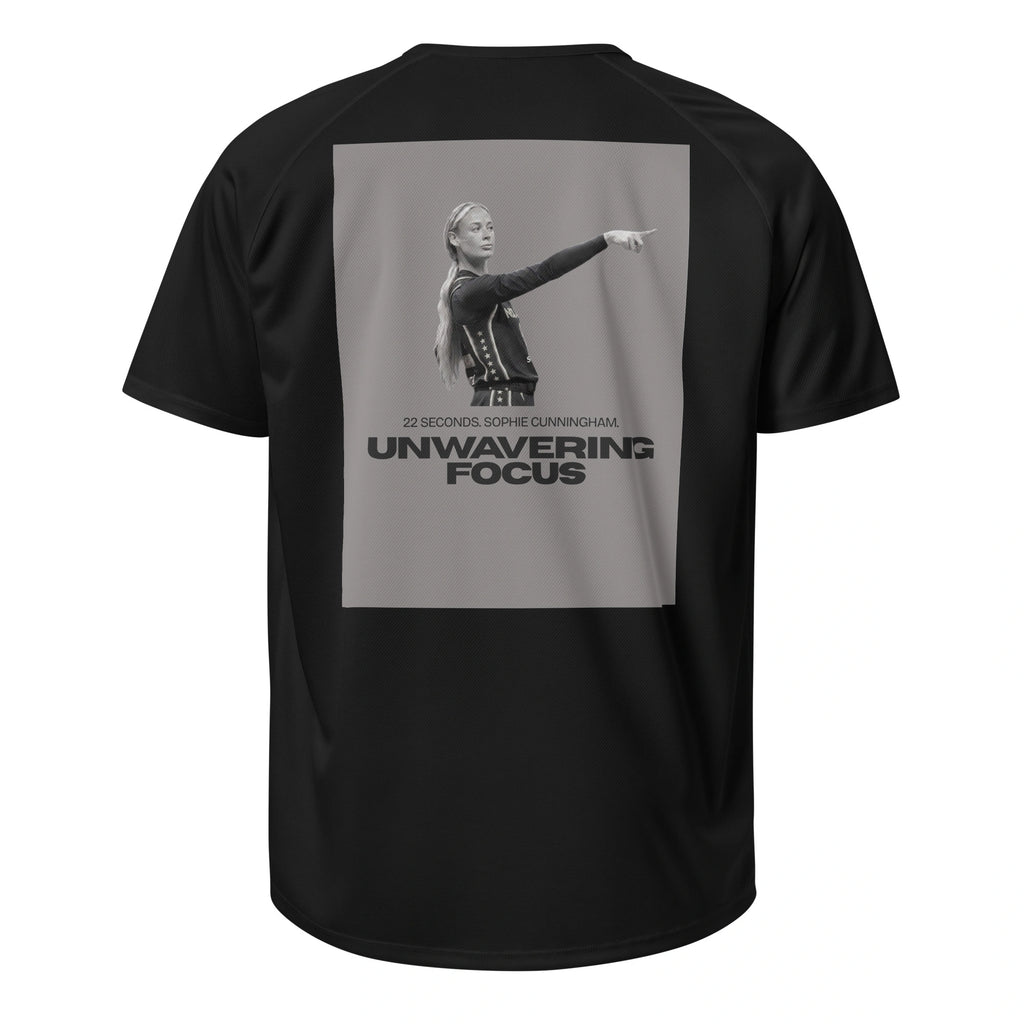 Flat lay of a black unisex sports jersey showing the Sophie Cunningham 22 seconds graphic on the back.