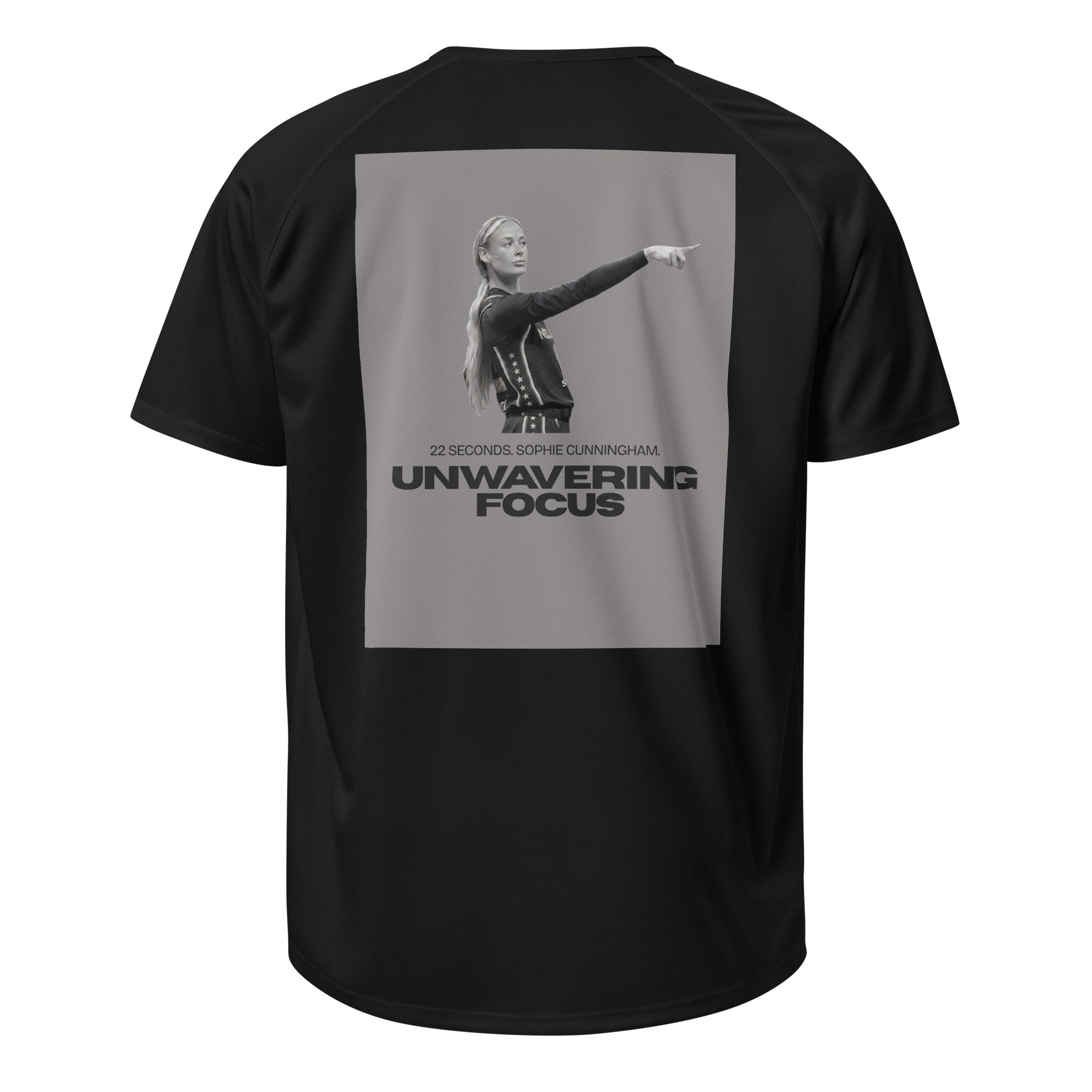 Flat lay of a black unisex sports jersey showing the Sophie Cunningham 22 seconds graphic on the back.