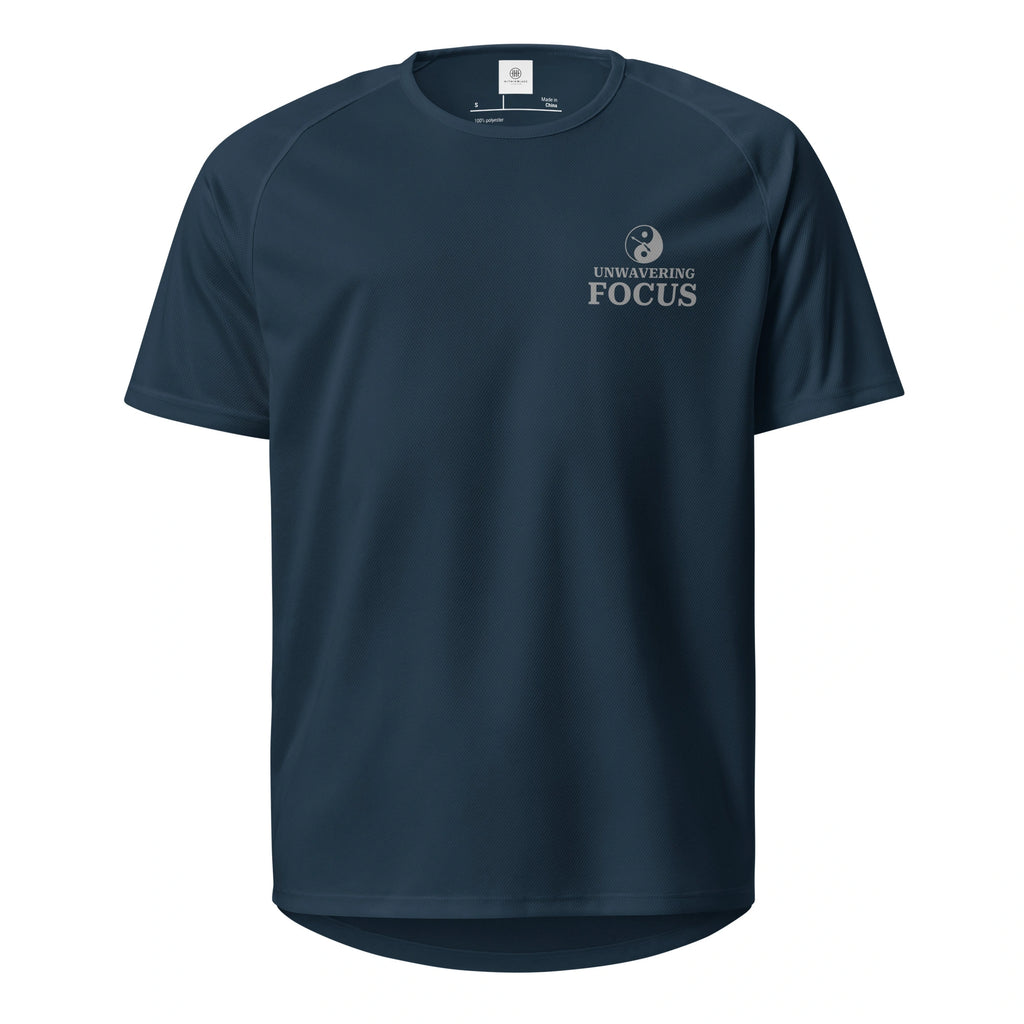 Flat lay of a french navy blue unisex basketball jersey displaying the unwavering focus chest design.